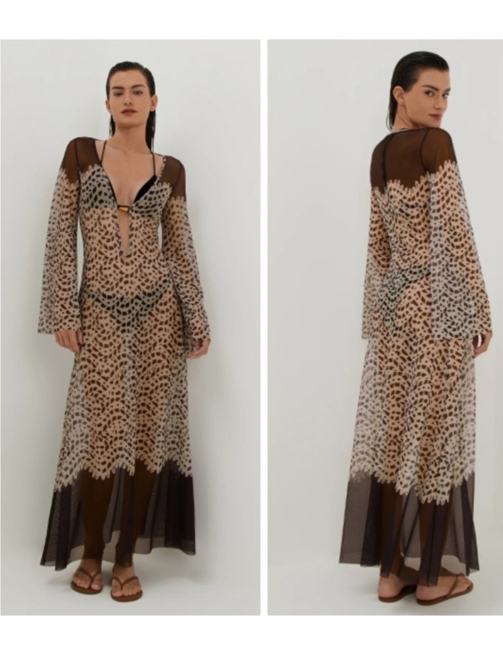Caroline Constas Sheer Leopard Print Swim Coverup in Brown and Beige